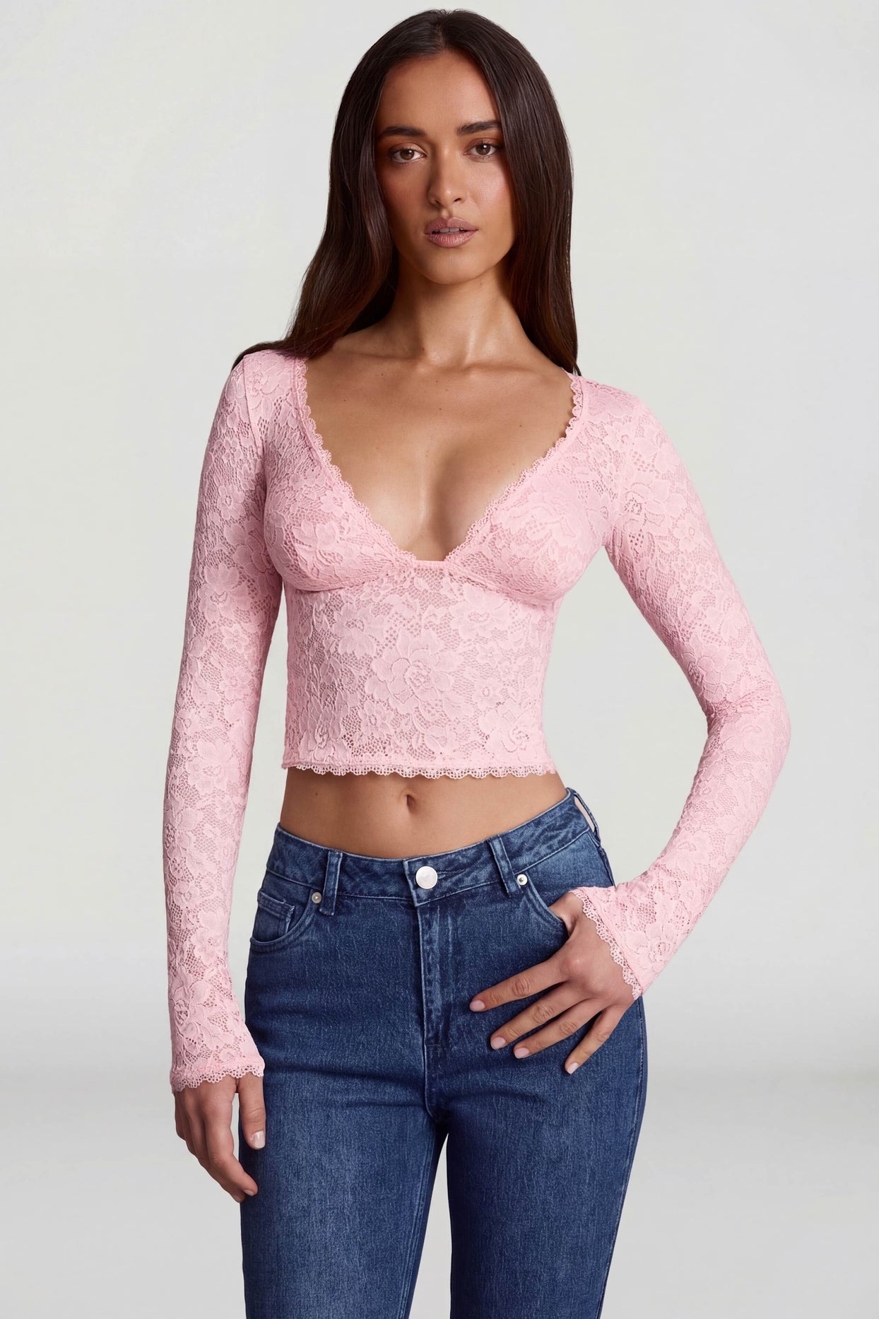 Sheer Lace Plunge-Neck Long-Sleeve Top in Pink - 6