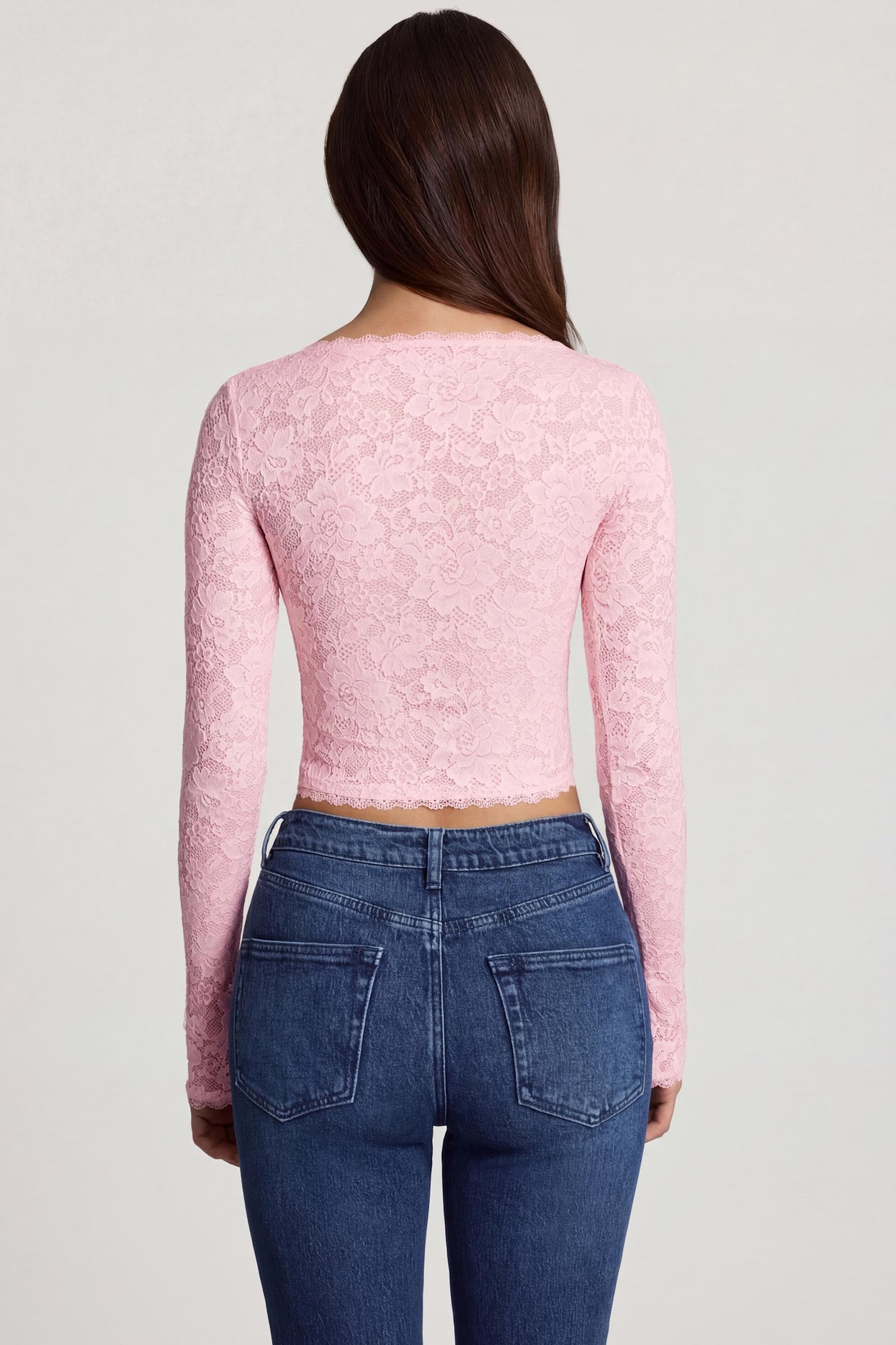 Sheer Lace Plunge-Neck Long-Sleeve Top in Pink - 2