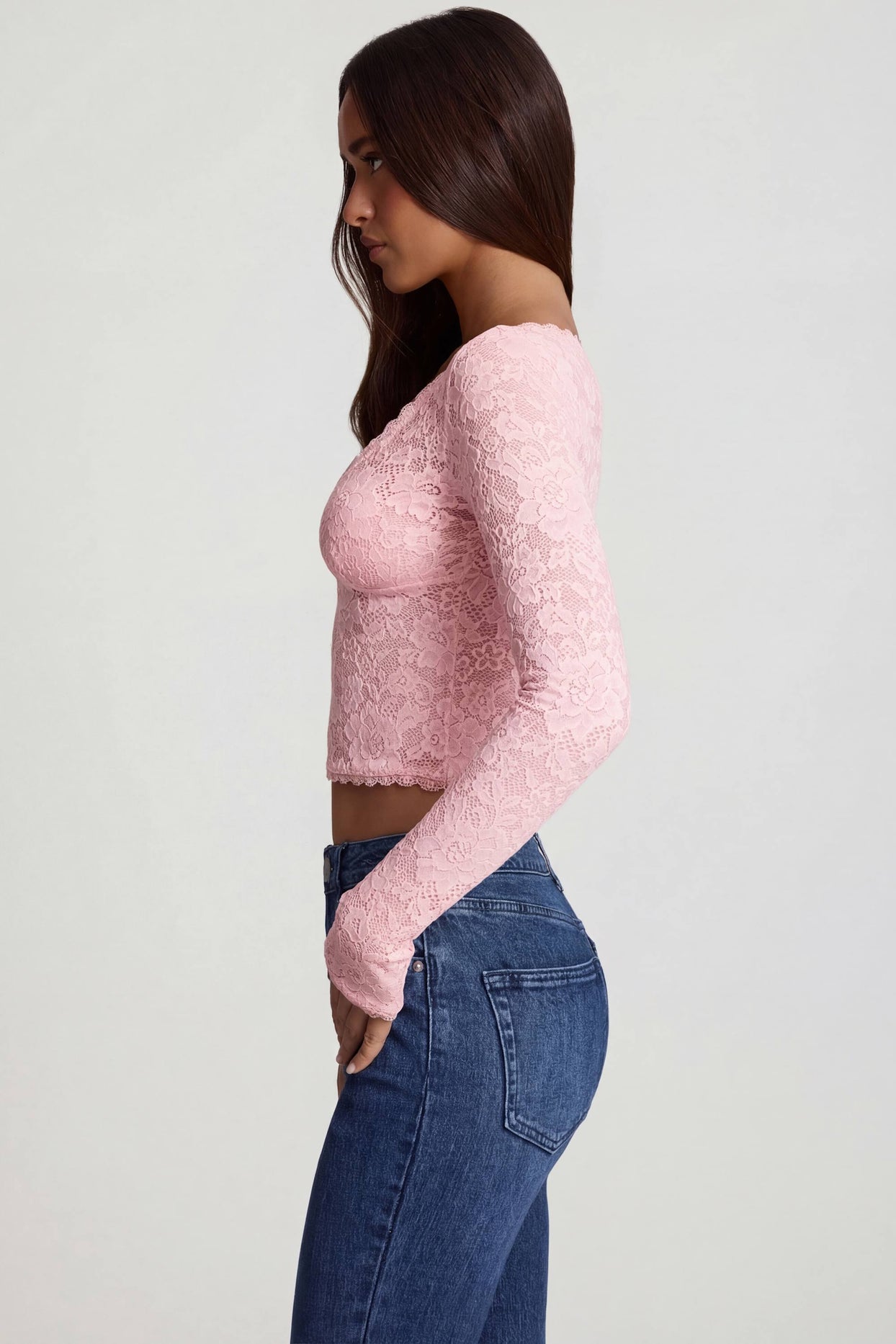Sheer Lace Plunge-Neck Long-Sleeve Top in Pink - 3