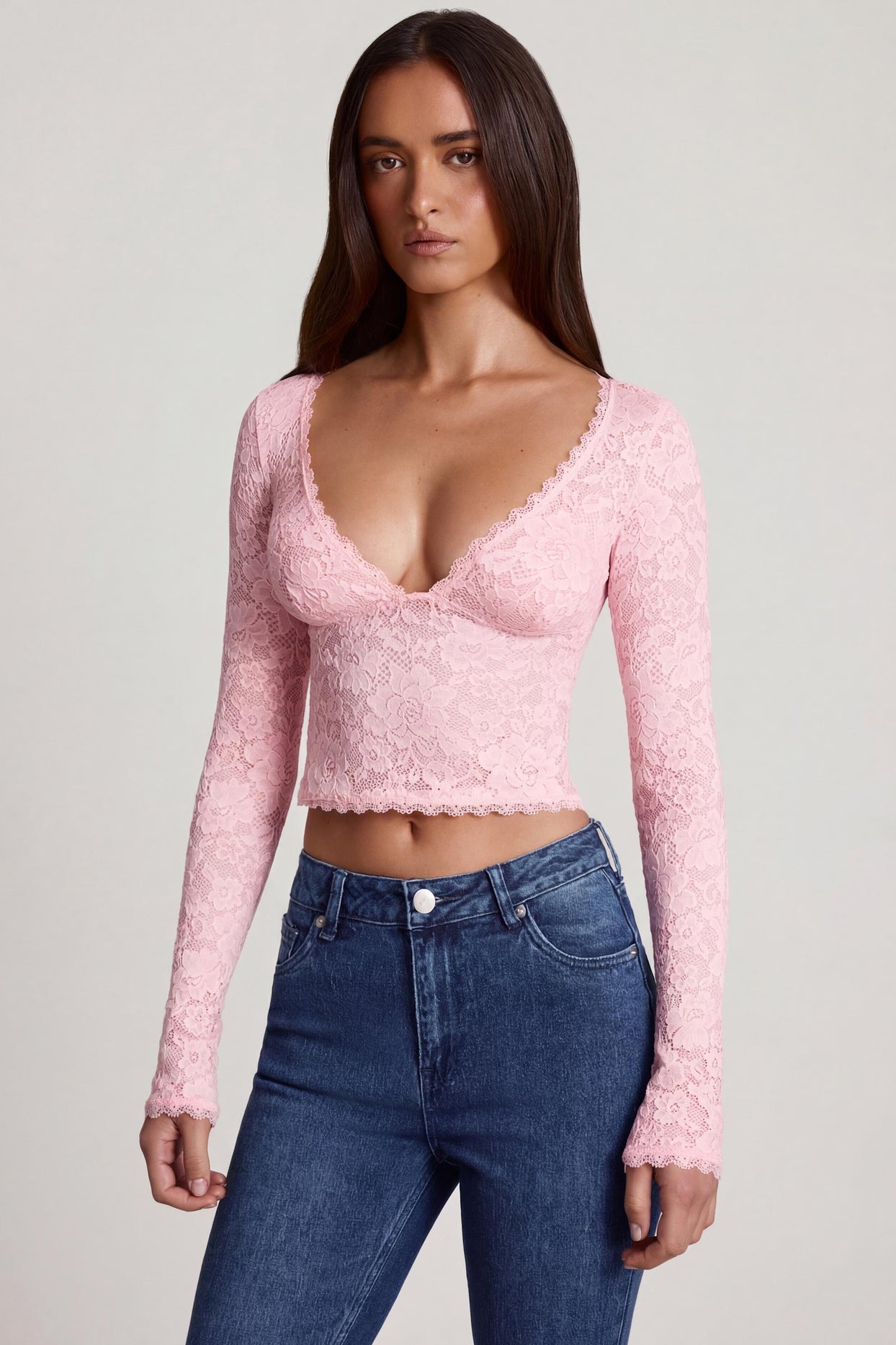 Sheer Lace Plunge-Neck Long-Sleeve Top in Pink - 5