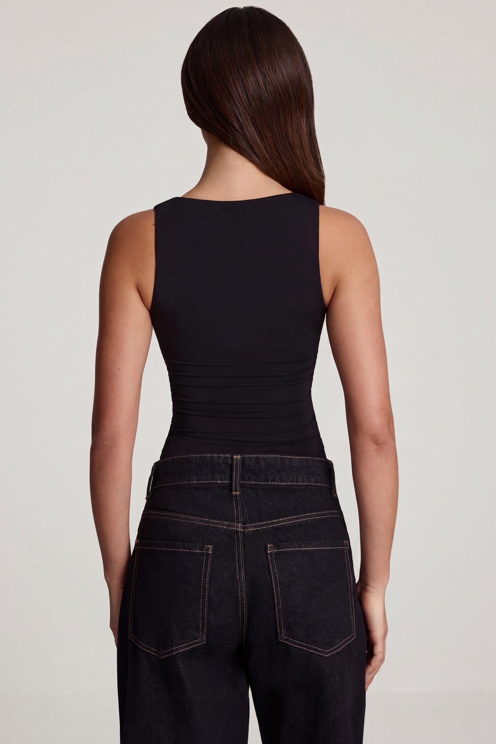 Soft Jersey Square-Neck Ruched Top in Black - 2