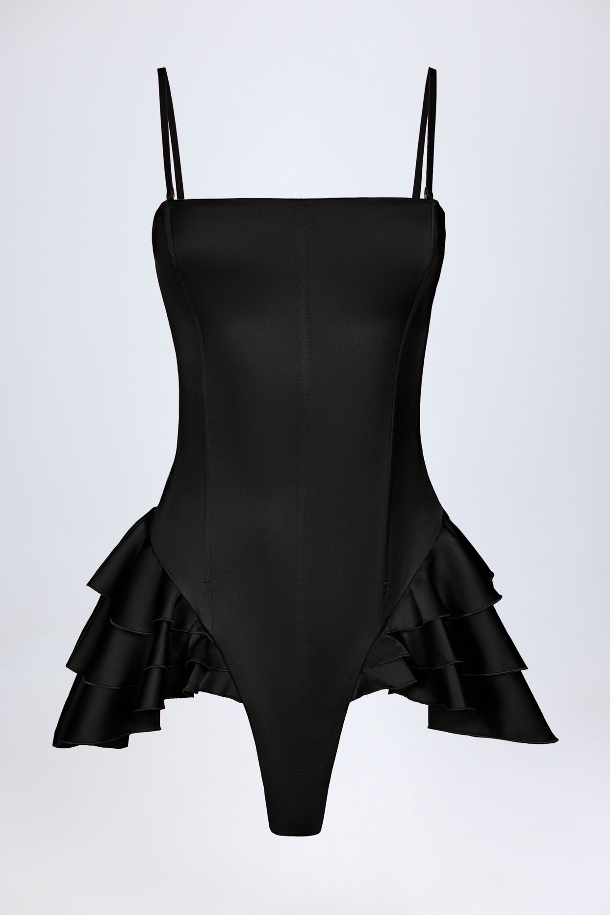 Ruffled Lace-Up Corset Playsuit in Black - 5