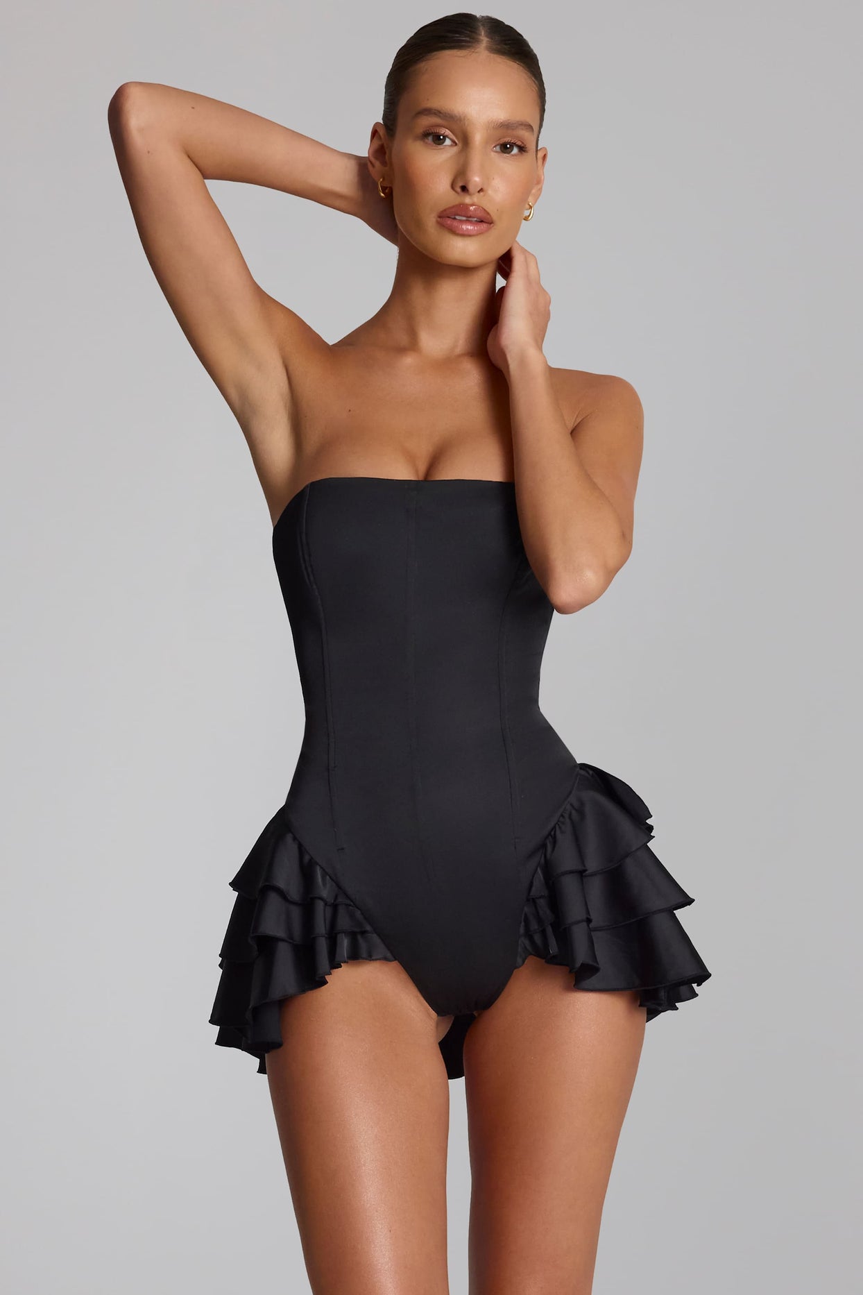 Ruffled Lace-Up Corset Playsuit in Black - 1