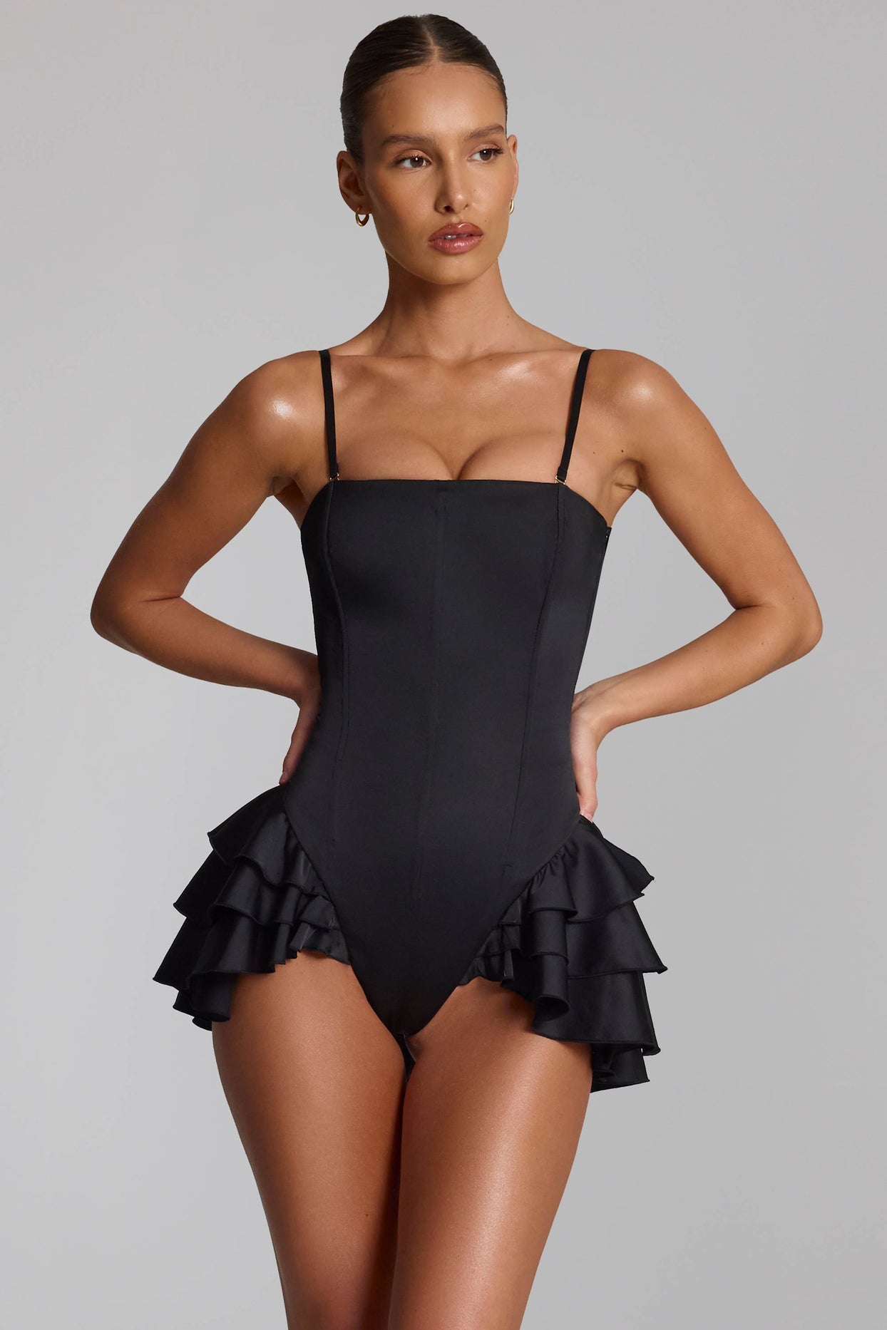 Ruffled Lace-Up Corset Playsuit in Black - 4