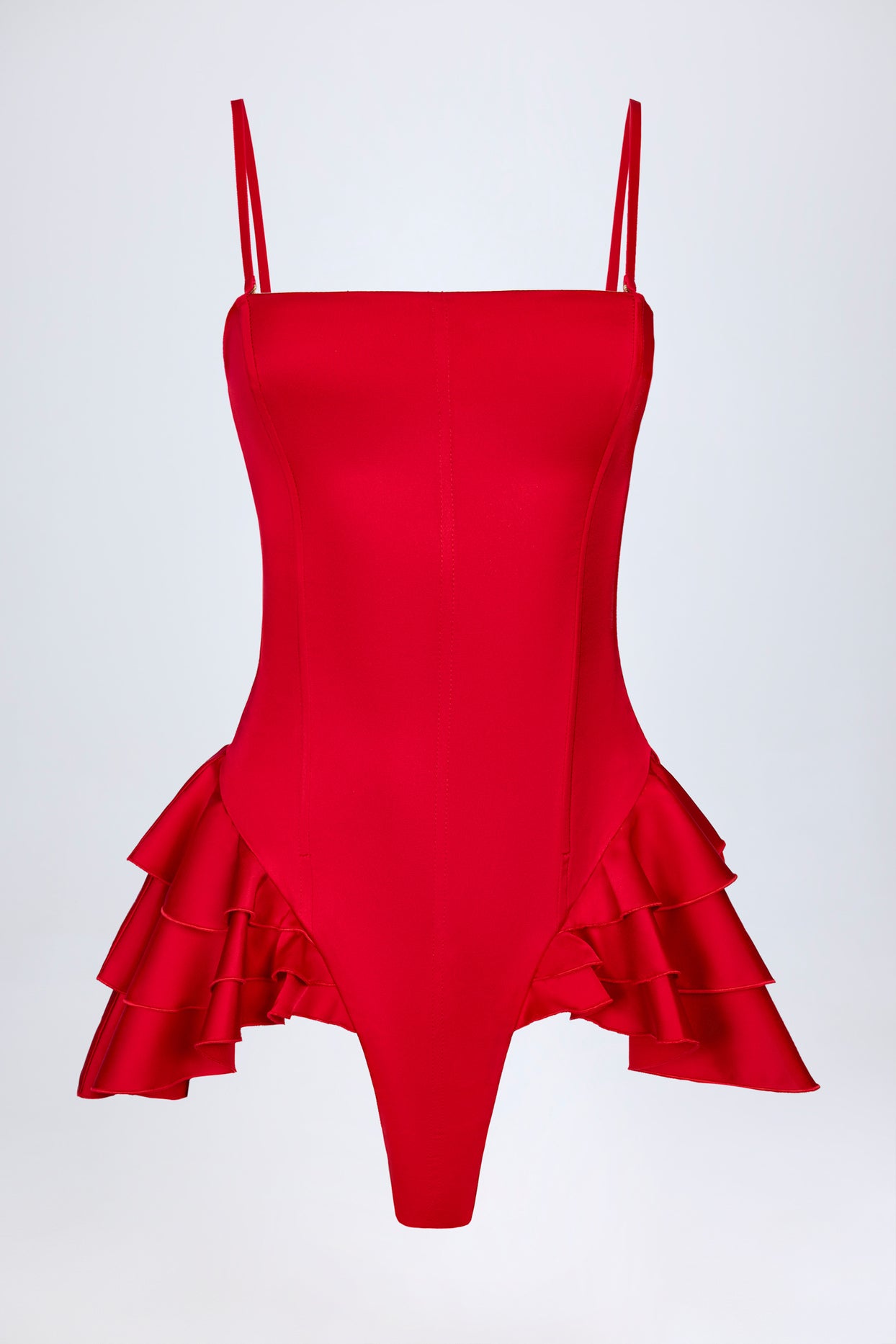 Ruffled Lace-Up Corset Playsuit in Fire Red - 6