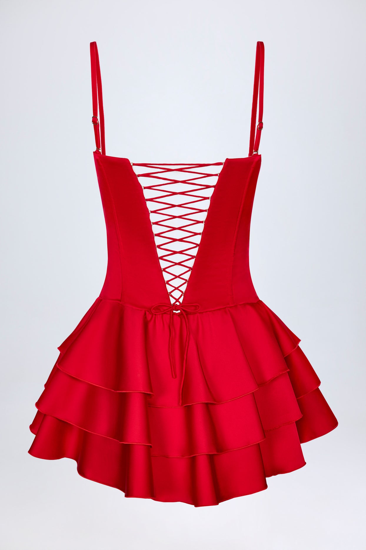 Ruffled Lace-Up Corset Playsuit in Fire Red - 7