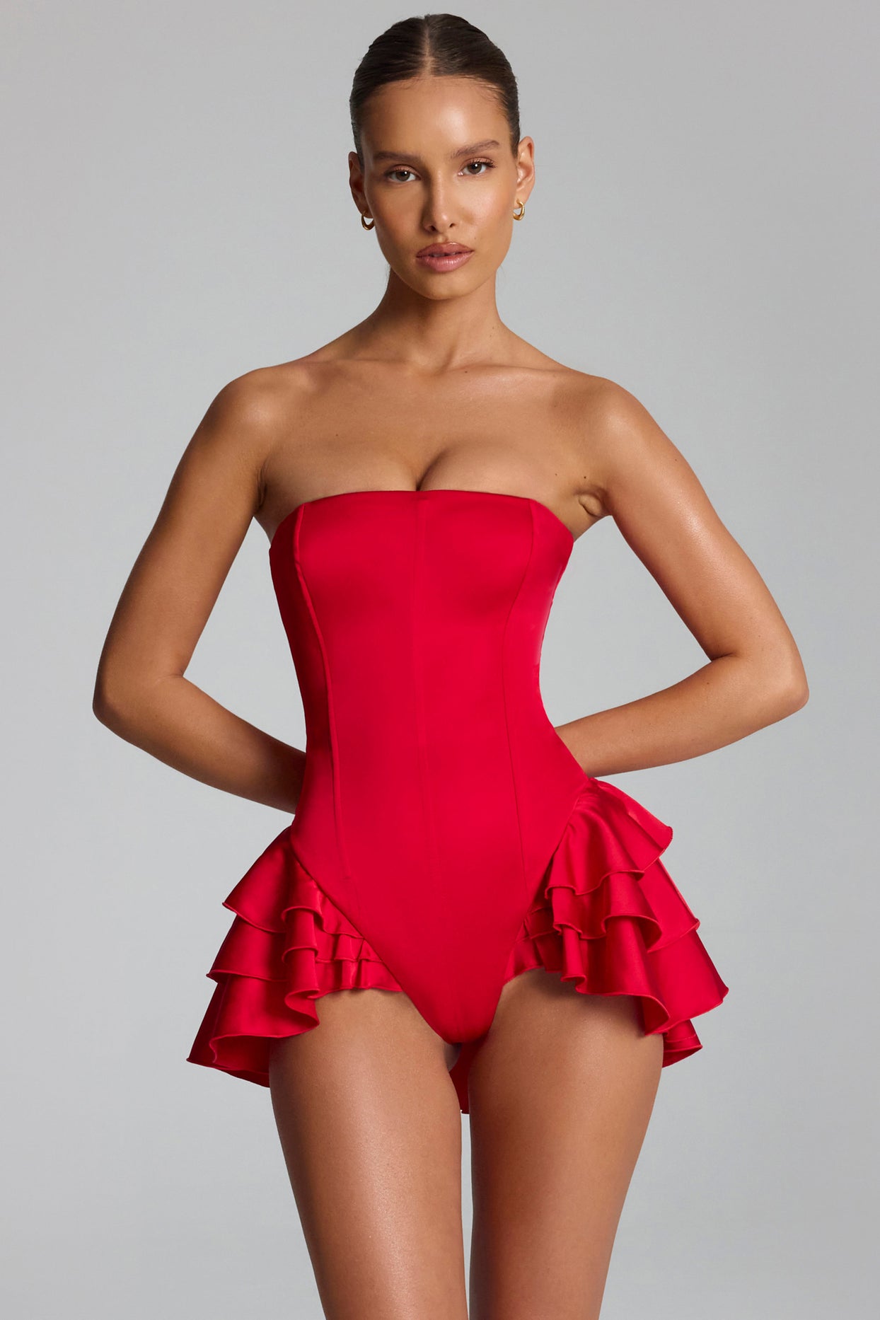 Ruffled Lace-Up Corset Playsuit in Fire Red - 1