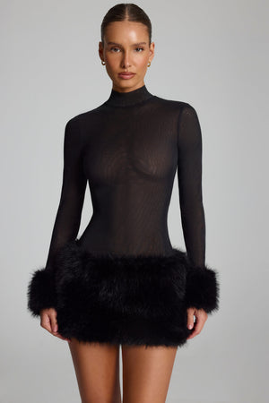 Faux Fur-Trim Turtleneck Mini Dress in Black