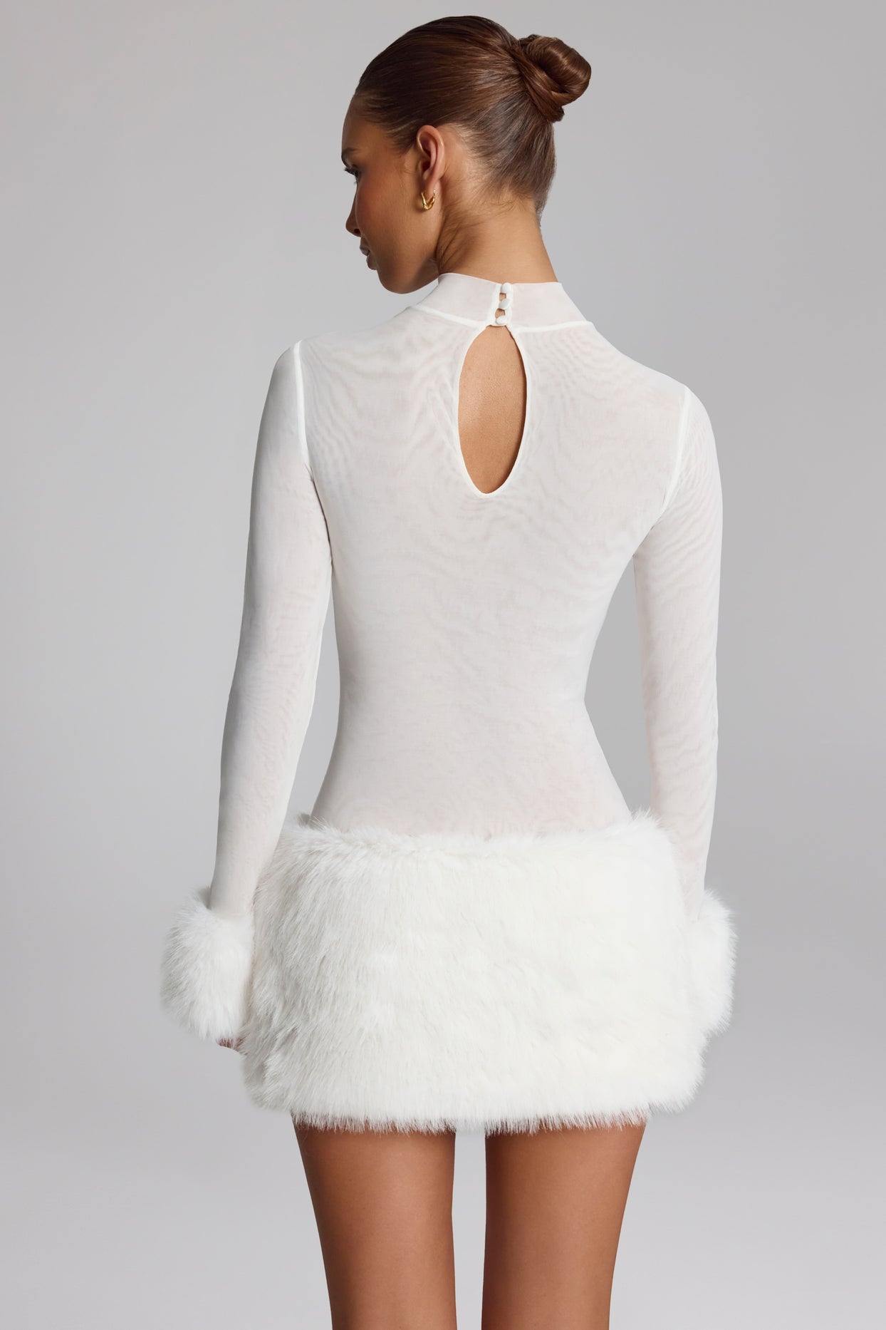Faux Fur-Trim Turtleneck Mini Dress in White - 2