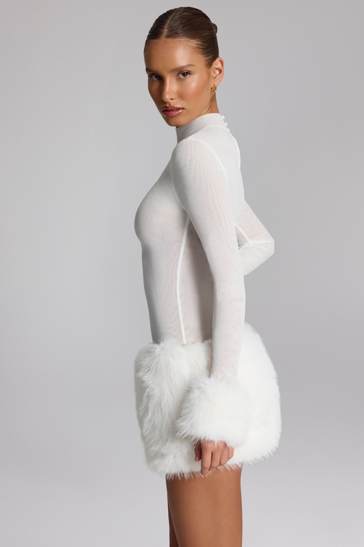 Faux Fur-Trim Turtleneck Mini Dress in White - 3
