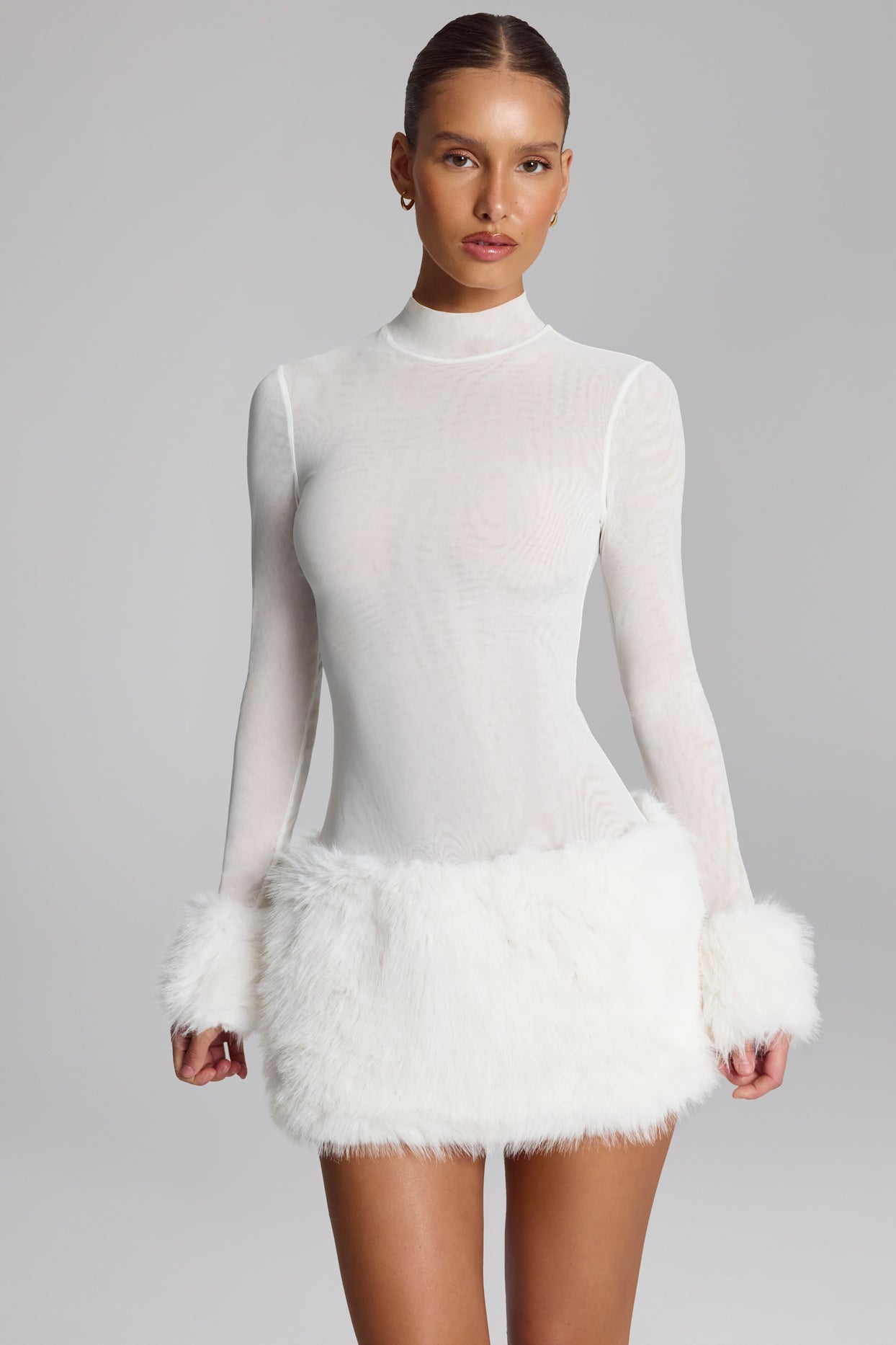 Faux Fur-Trim Turtleneck Mini Dress in White - 1