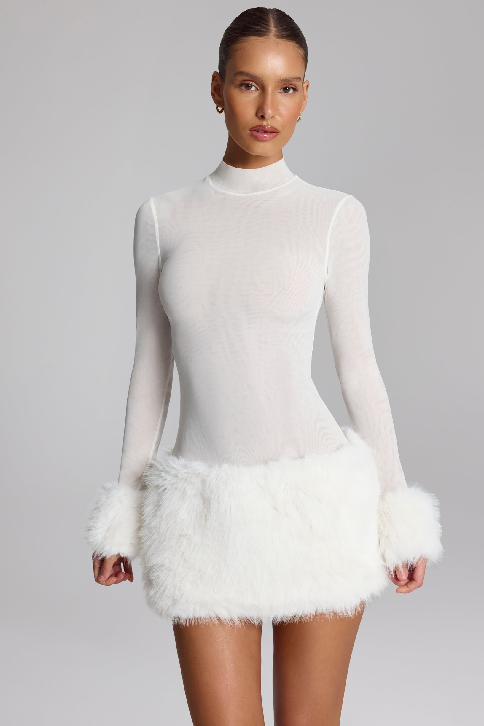 Faux Fur-Trim Turtleneck Mini Dress in White - 1