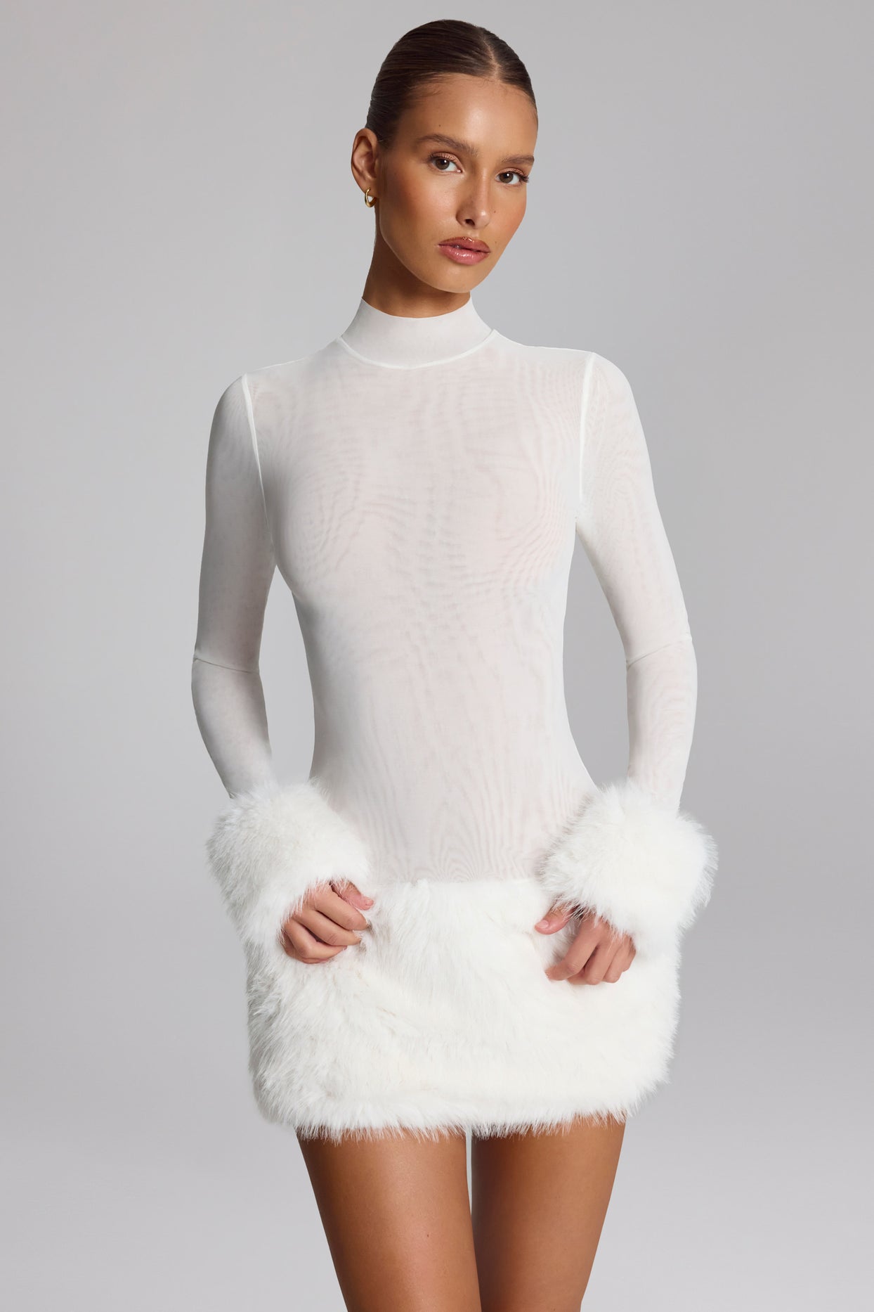 Faux Fur-Trim Turtleneck Mini Dress in White - 4