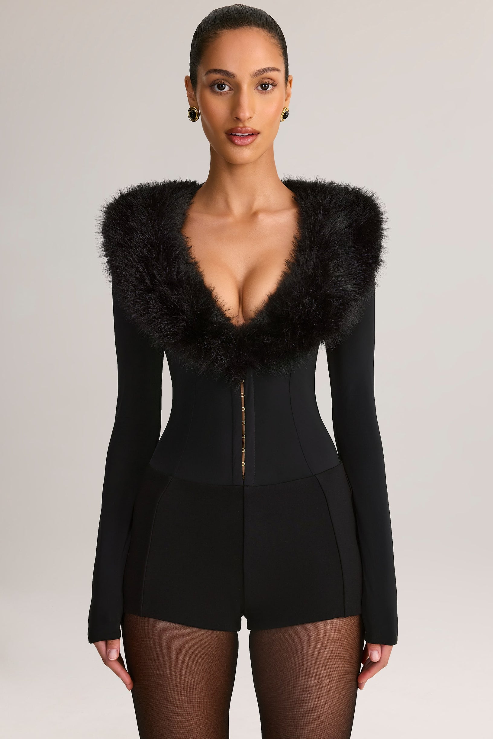 Faux Fur-Trim Corset Playsuit in Black - 1