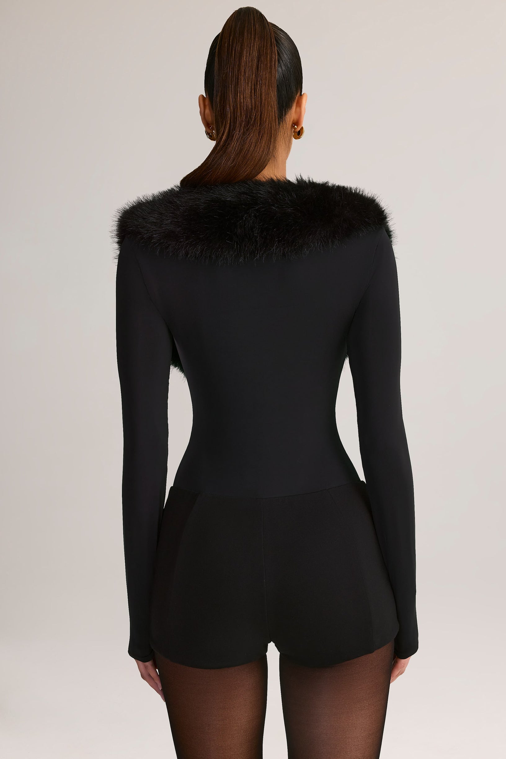 Faux Fur-Trim Corset Playsuit in Black - 2