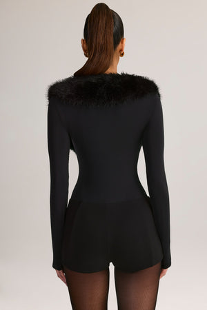 Faux Fur-Trim Playsuit in Black