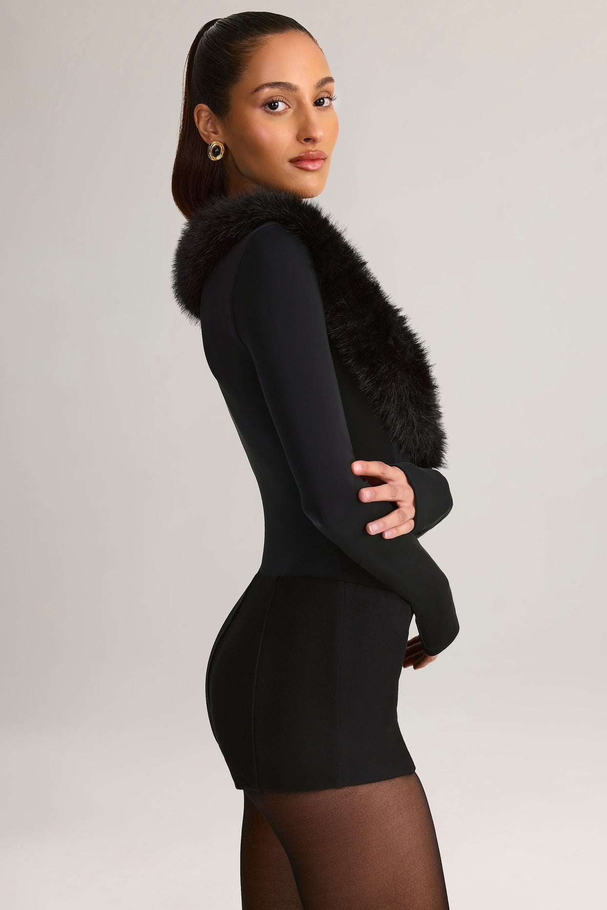 Faux Fur-Trim Corset Playsuit in Black - 3