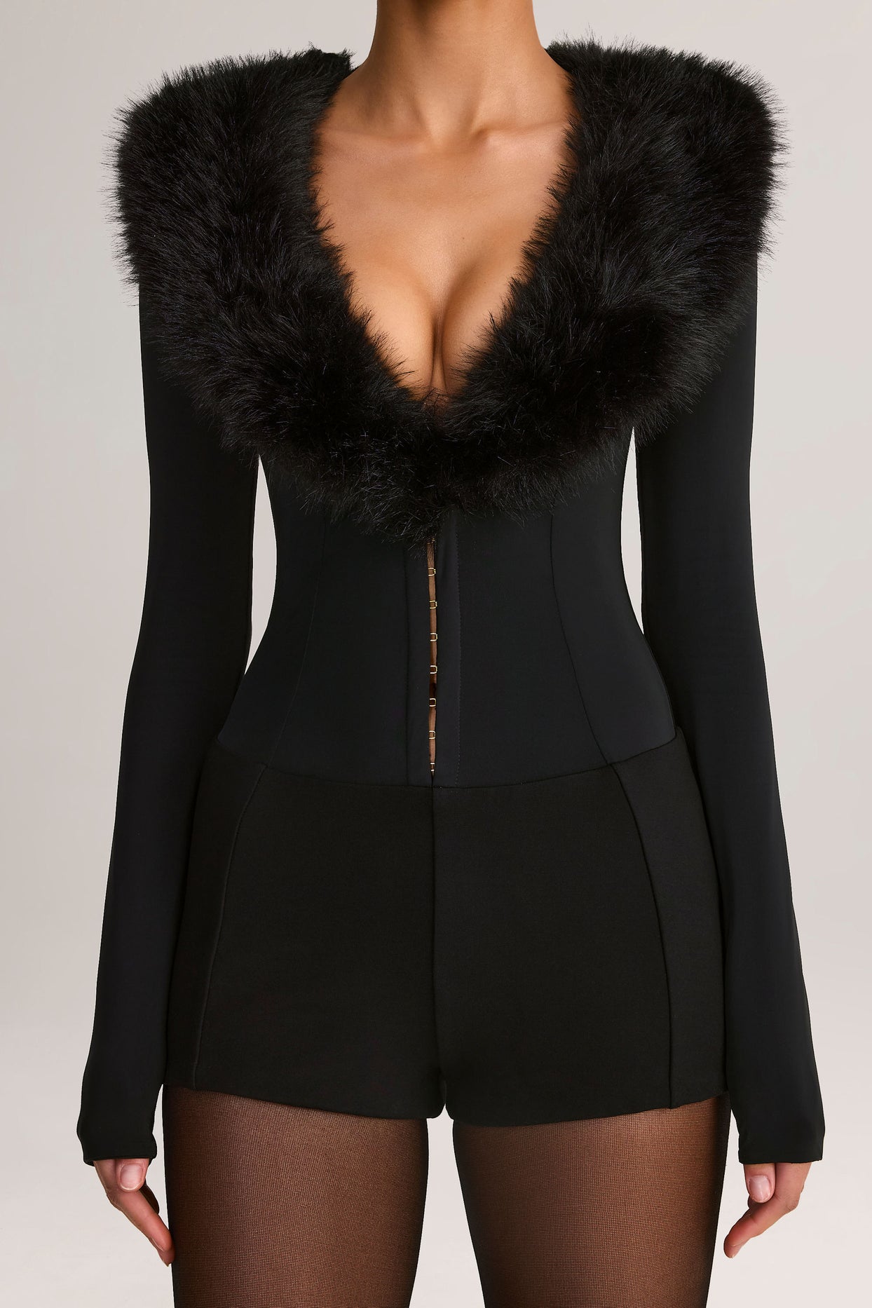 Faux Fur-Trim Corset Playsuit in Black - 4