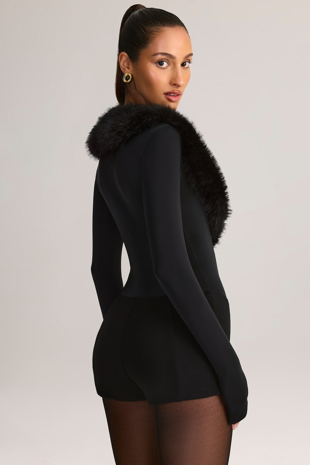 Faux Fur-Trim Corset Playsuit in Black - 5
