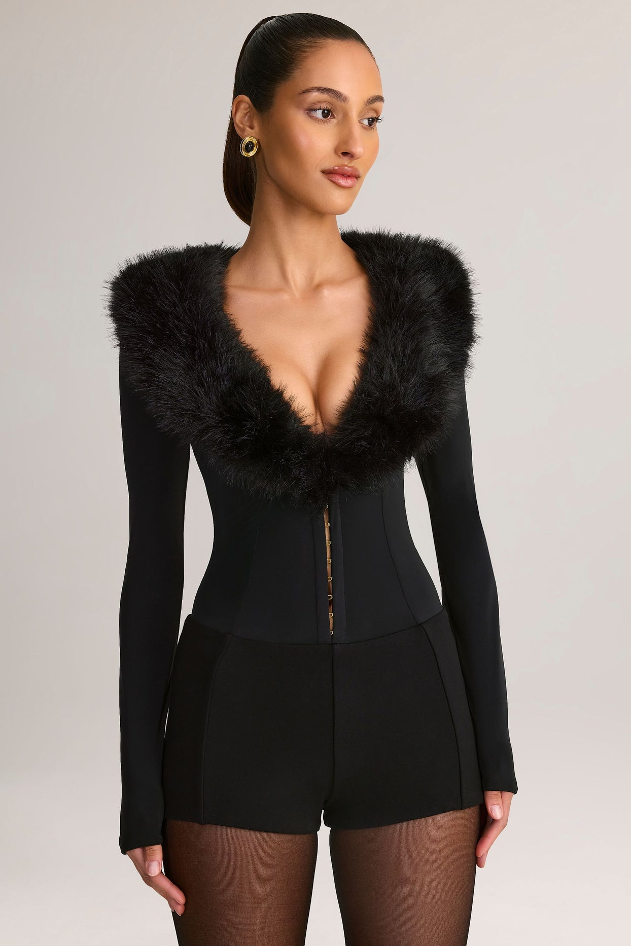Faux Fur-Trim Corset Playsuit in Black - 6