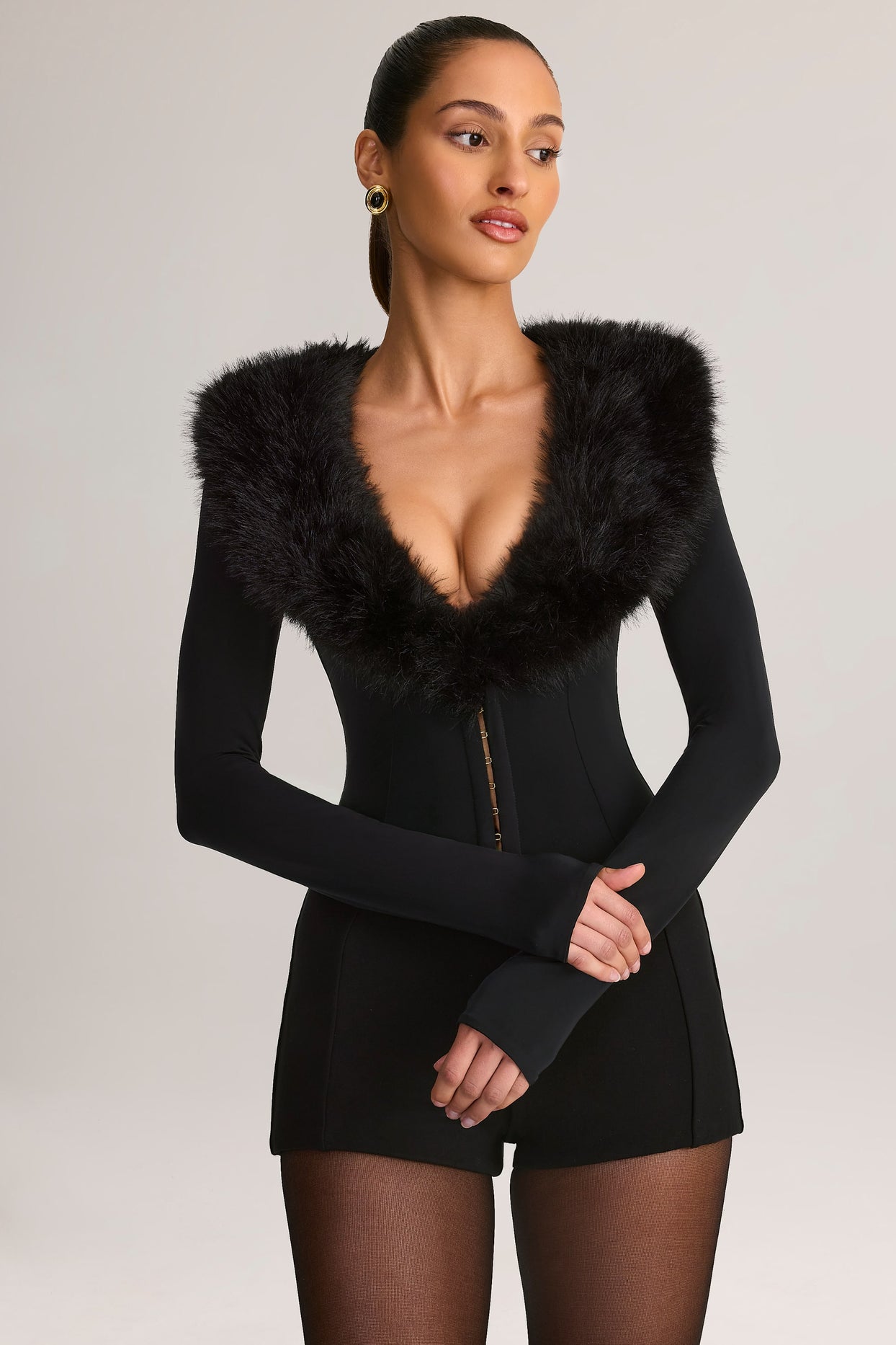 Faux Fur-Trim Corset Playsuit in Black - 7