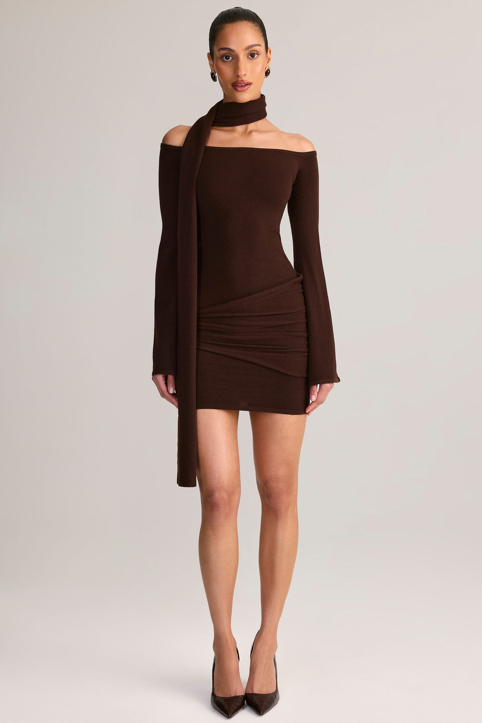 Knit Scarf-Detail Off-Shoulder Mini Dress in Chocolate Brown - 1
