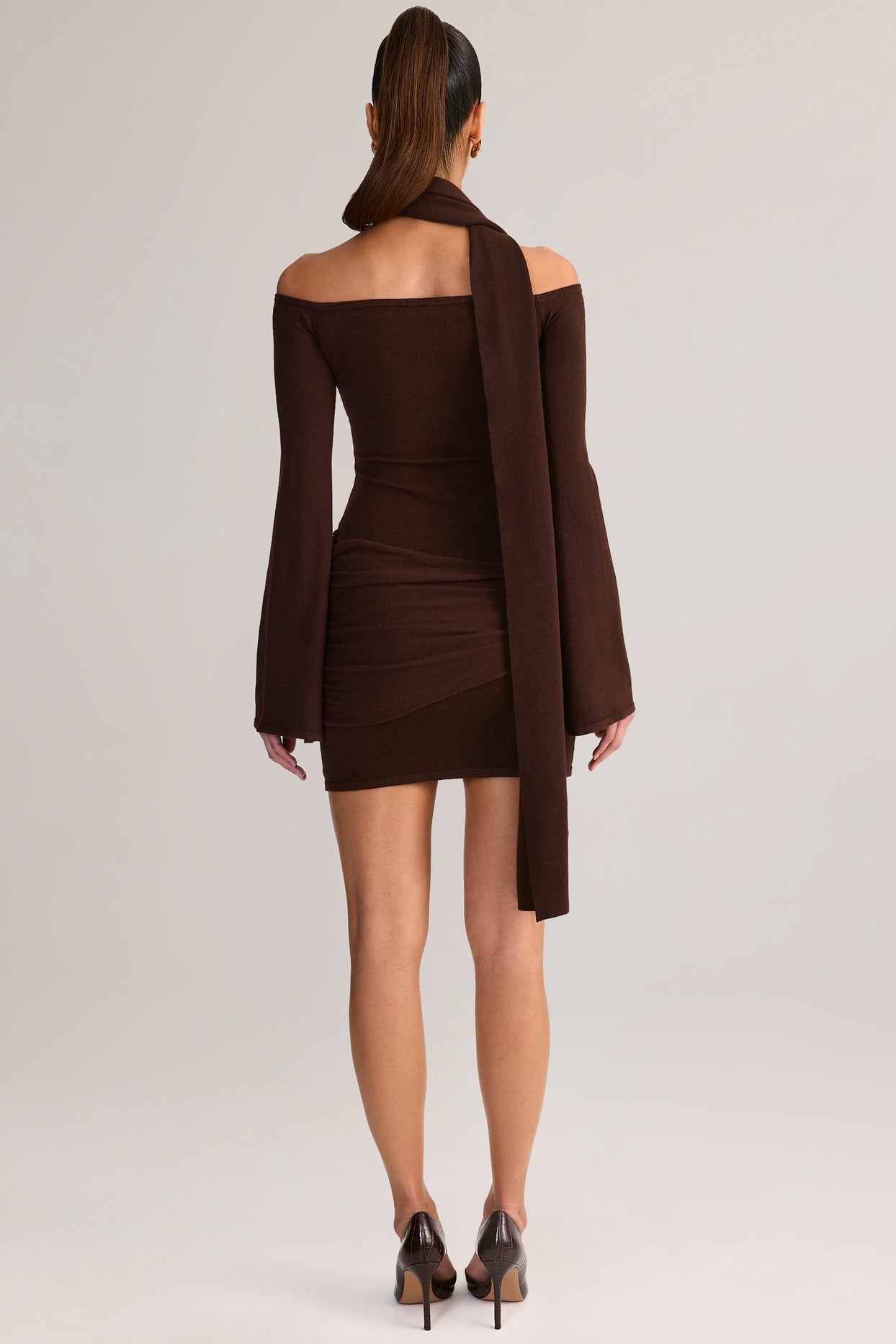Knit Scarf-Detail Off-Shoulder Mini Dress in Chocolate Brown - 2