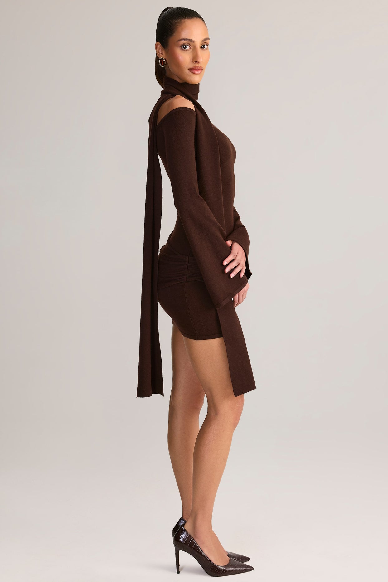 Knit Scarf-Detail Off-Shoulder Mini Dress in Chocolate Brown - 3