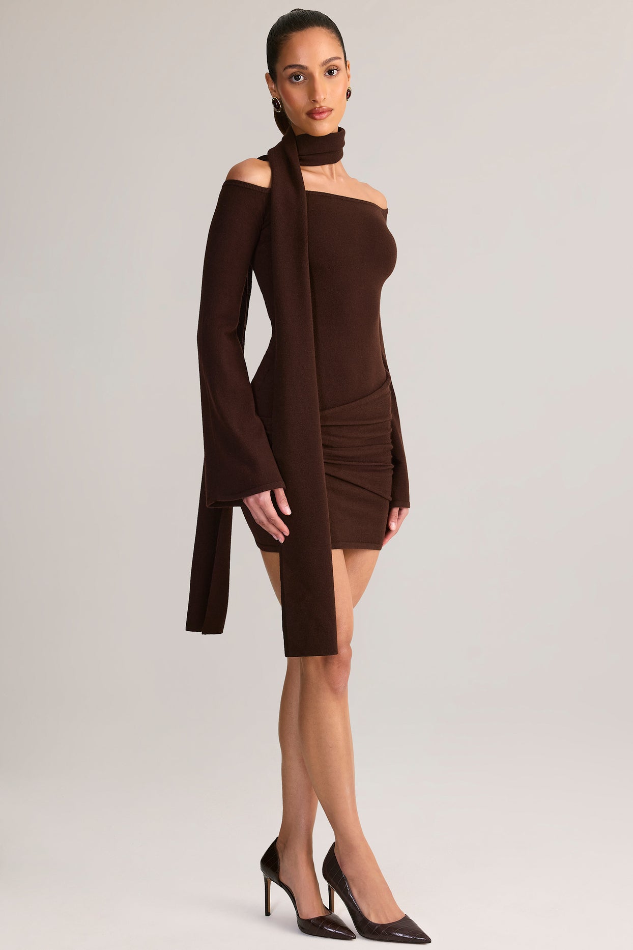 Knit Scarf-Detail Off-Shoulder Mini Dress in Chocolate Brown - 5