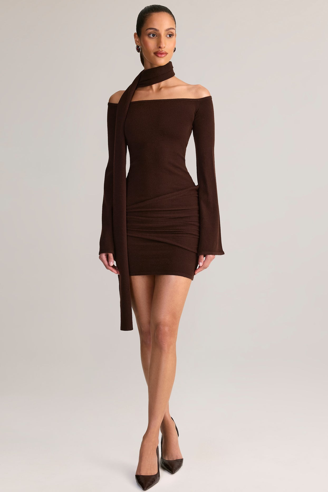 Knit Scarf-Detail Off-Shoulder Mini Dress in Chocolate Brown - 6