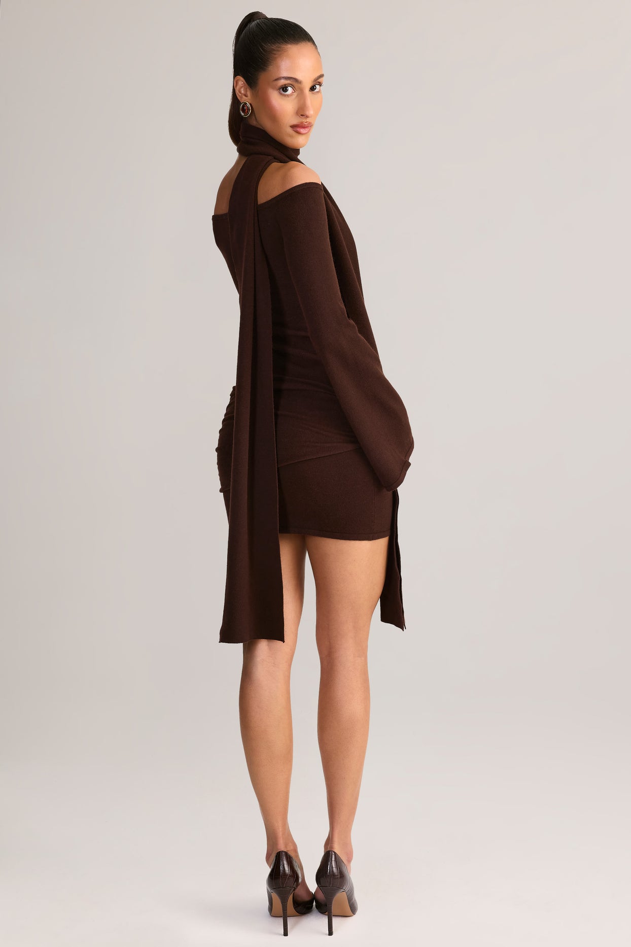 Knit Scarf-Detail Off-Shoulder Mini Dress in Chocolate Brown - 7