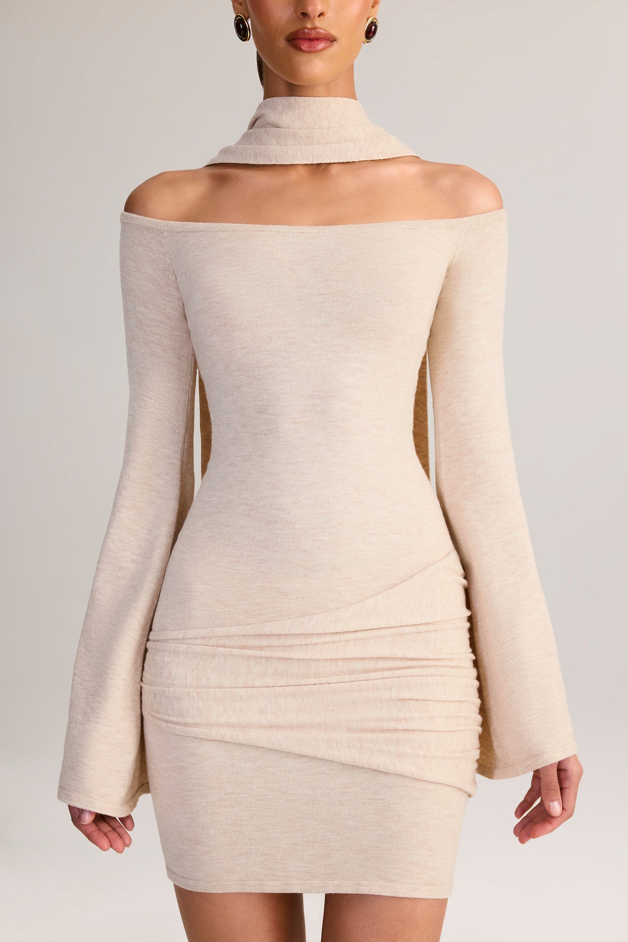 Knit Scarf-Detail Off-Shoulder Mini Dress in Cream - 4