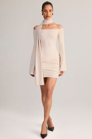 Knit Scarf-Detail Off-Shoulder Mini Dress in Cream