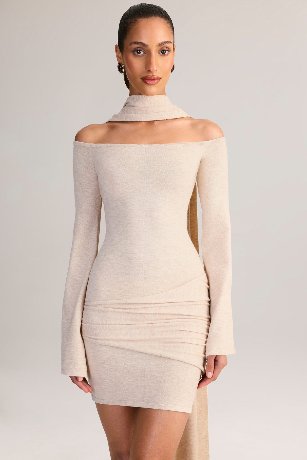 Knit Scarf-Detail Off-Shoulder Mini Dress in Cream - 5