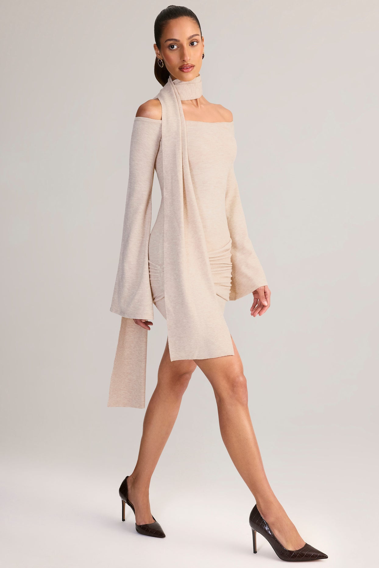 Knit Scarf-Detail Off-Shoulder Mini Dress in Cream - 9