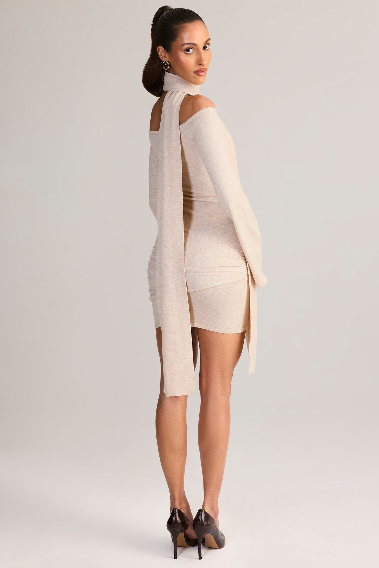 Knit Scarf-Detail Off-Shoulder Mini Dress in Cream - 8