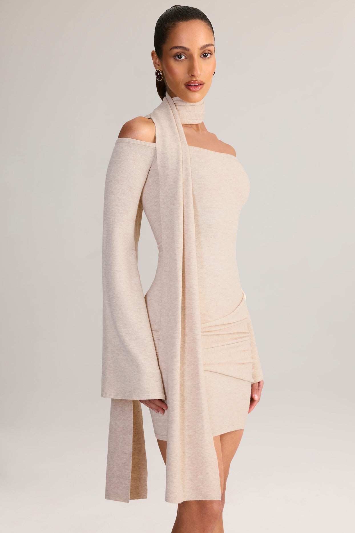 Knit Scarf-Detail Off-Shoulder Mini Dress in Cream - 6