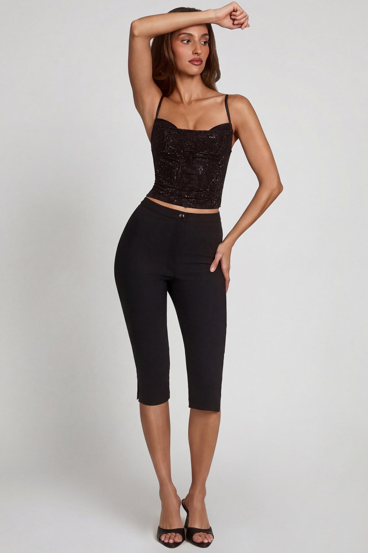 Embellished Peekaboo Cowl-Neck Top in Black - 5