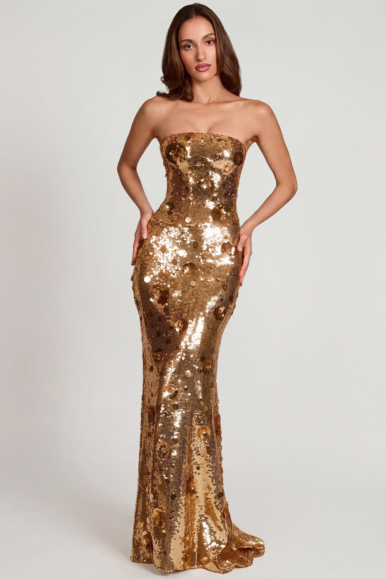 3D Embellished Bandeau Maxi Dress in Gold - 1