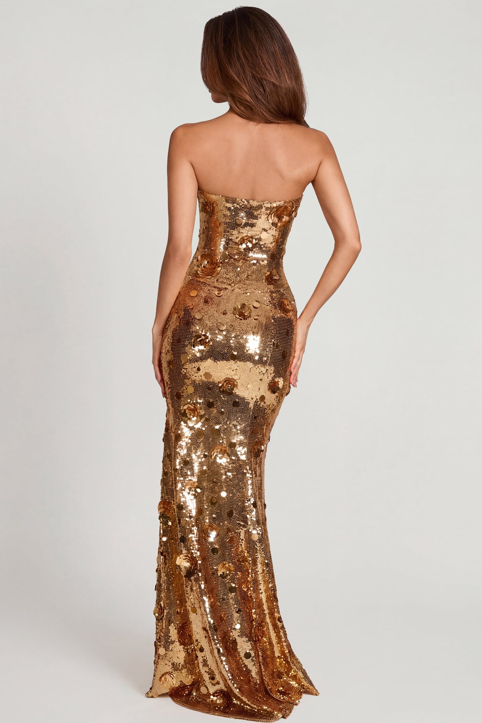 3D Embellished Bandeau Maxi Dress in Gold - 2