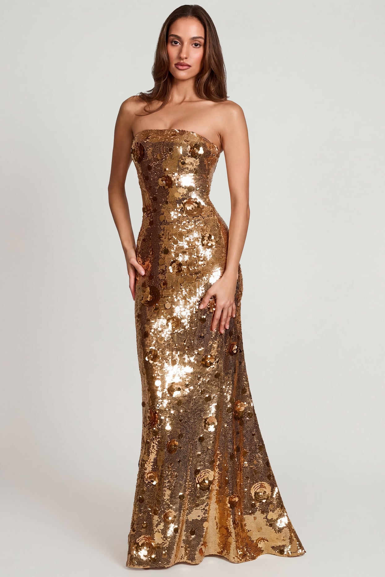 3D Embellished Bandeau Maxi Dress in Gold - 7