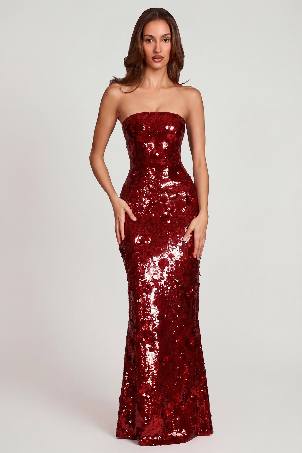 3D Embellished Bandeau Maxi Dress in Red - 4