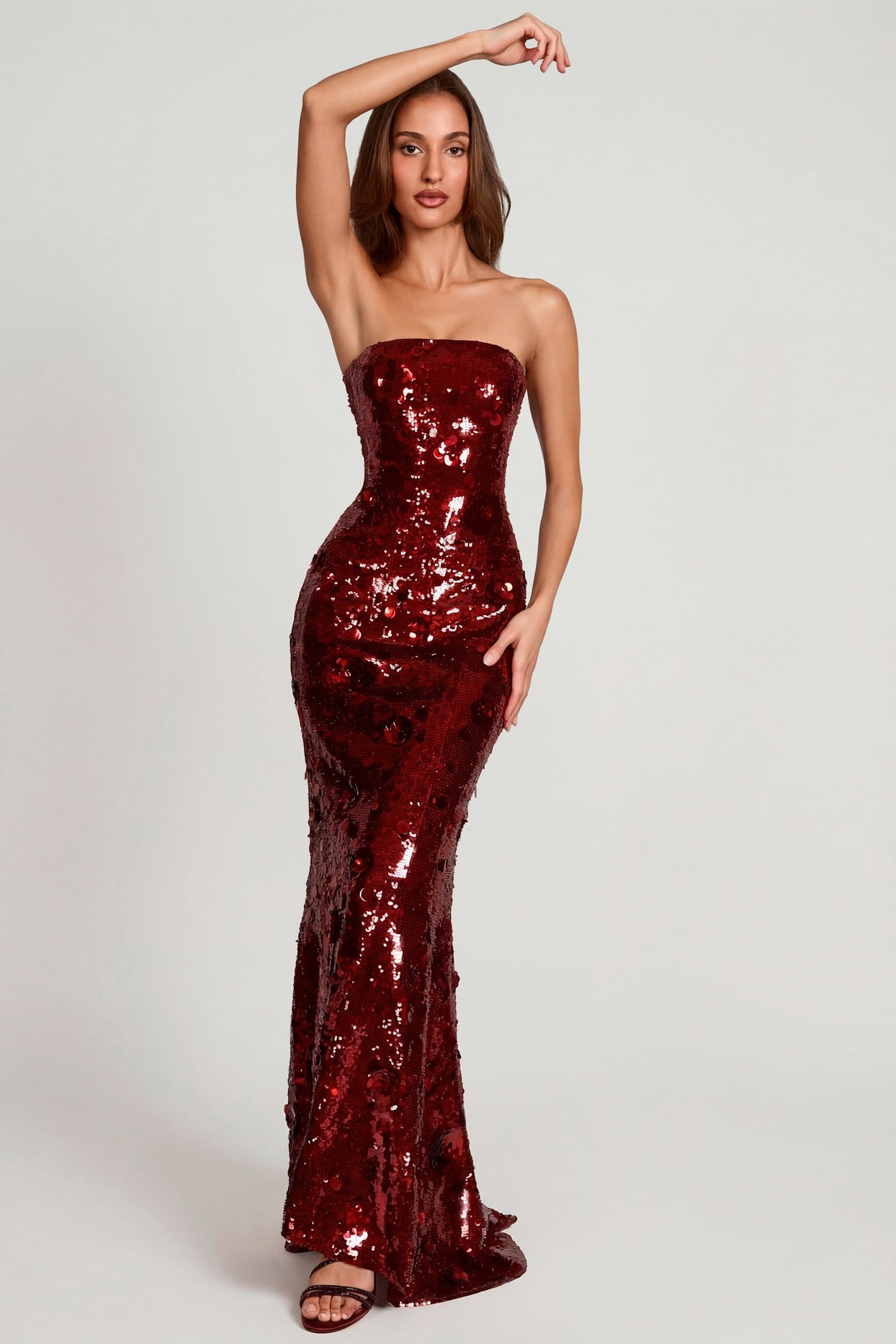 3D Embellished Bandeau Maxi Dress in Red - 5
