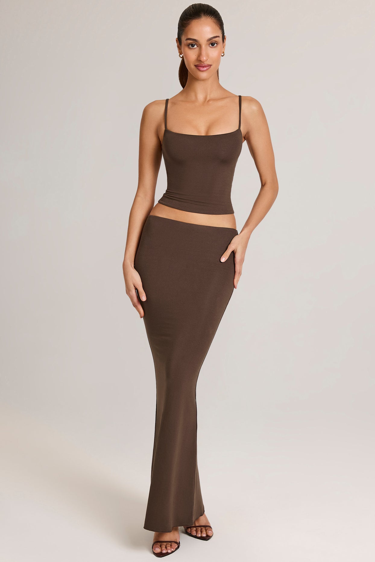 Modal Mid-Rise Fishtail Maxi Skirt in Chocolate Brown - 5