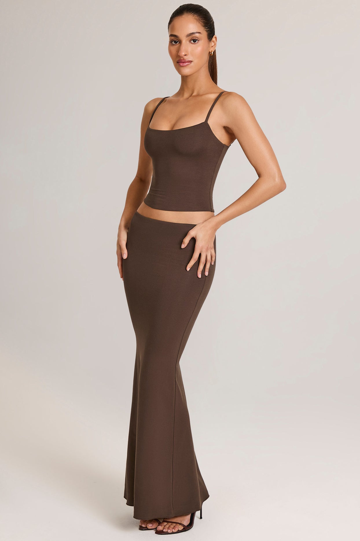 Modal Mid-Rise Fishtail Maxi Skirt in Chocolate Brown - 4