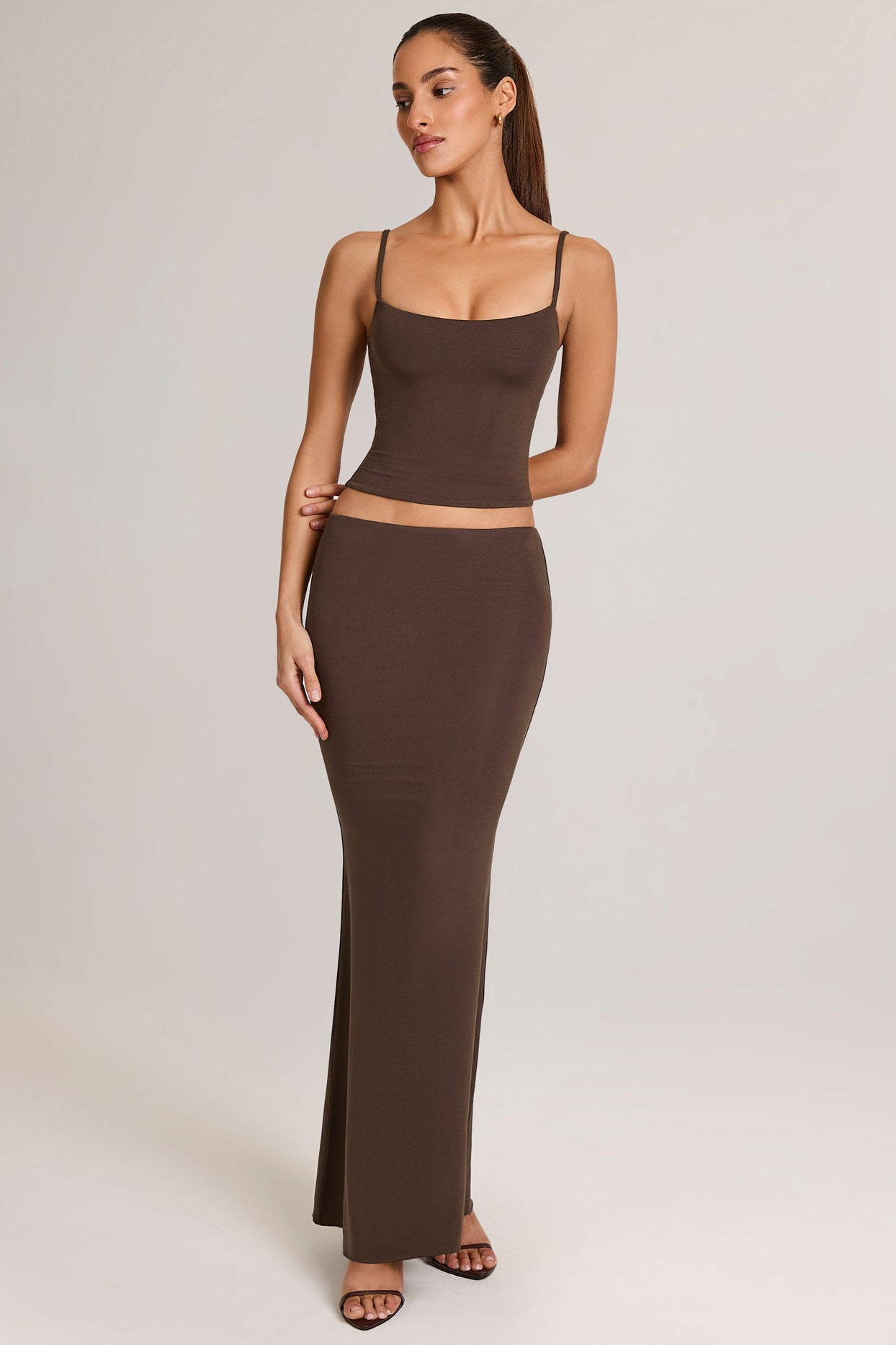 Modal Mid-Rise Fishtail Maxi Skirt in Chocolate Brown - 1