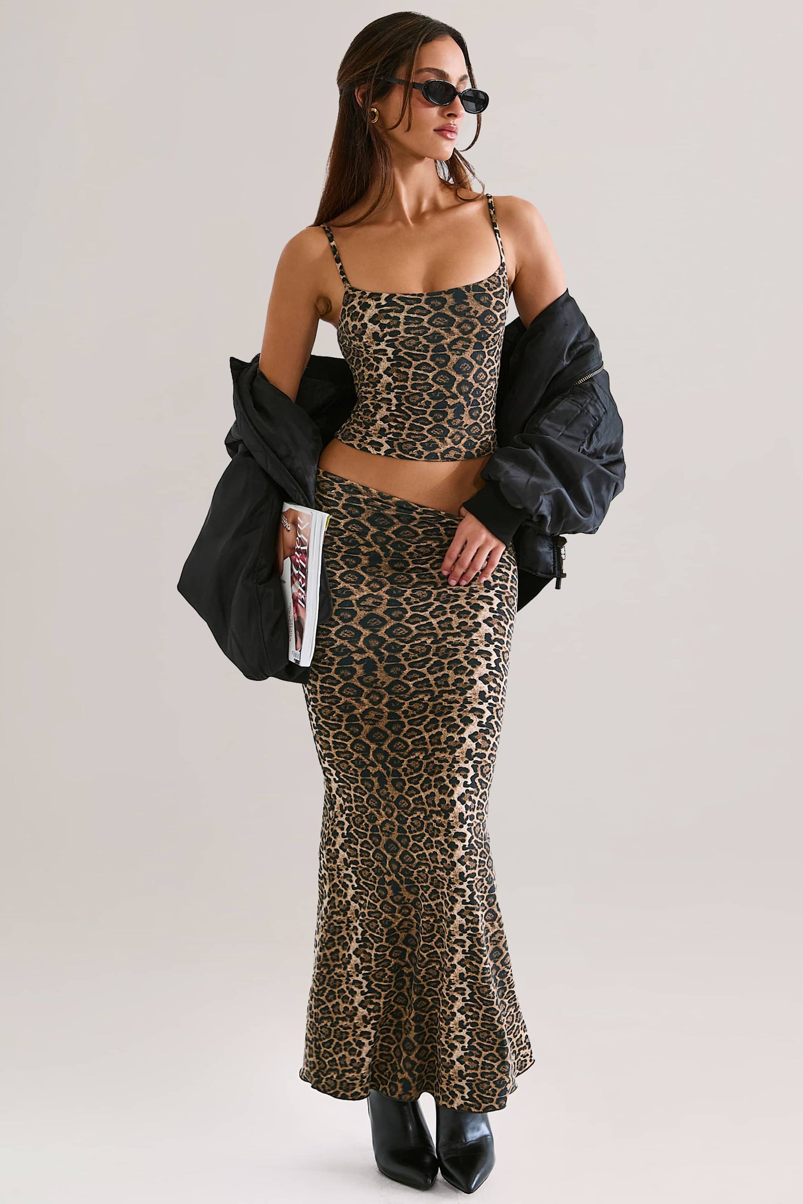 Modal Mid-Rise Fishtail Maxi Skirt in Leopard Print - 1