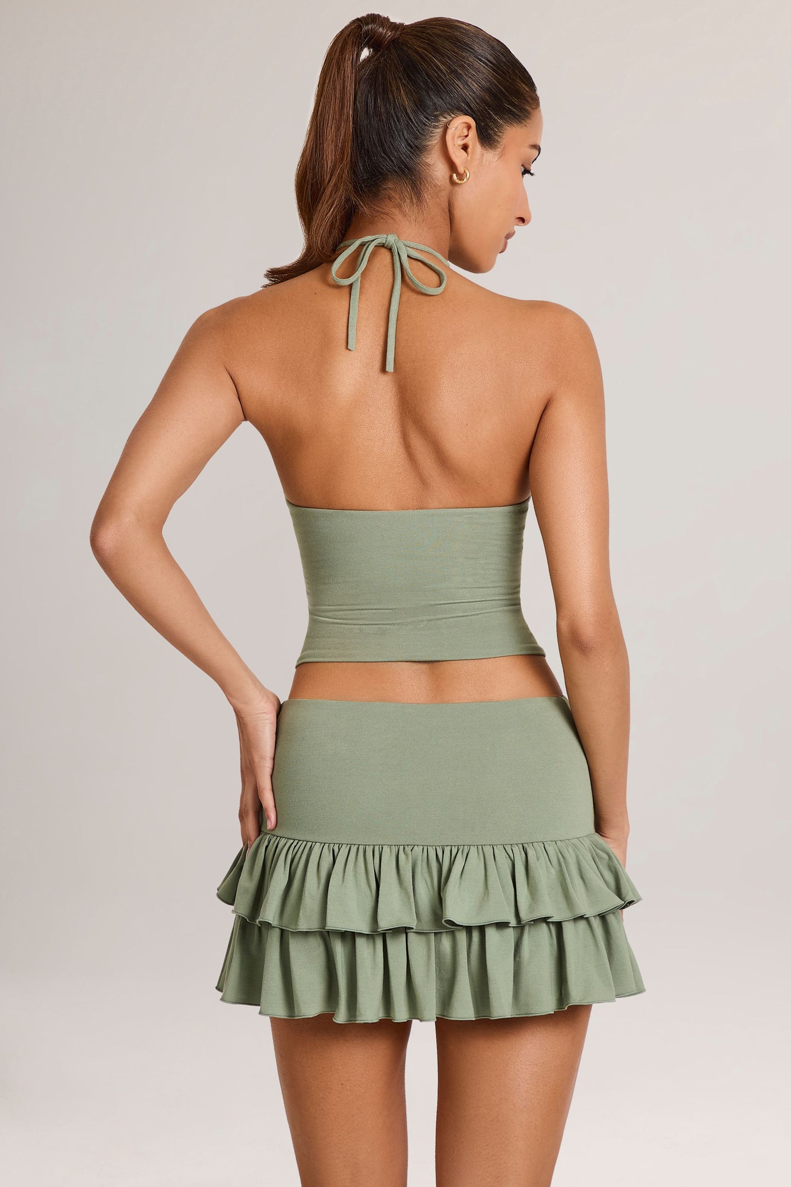 Modal Ruffle Mid-Rise Mini Skort in Sage Green - 2
