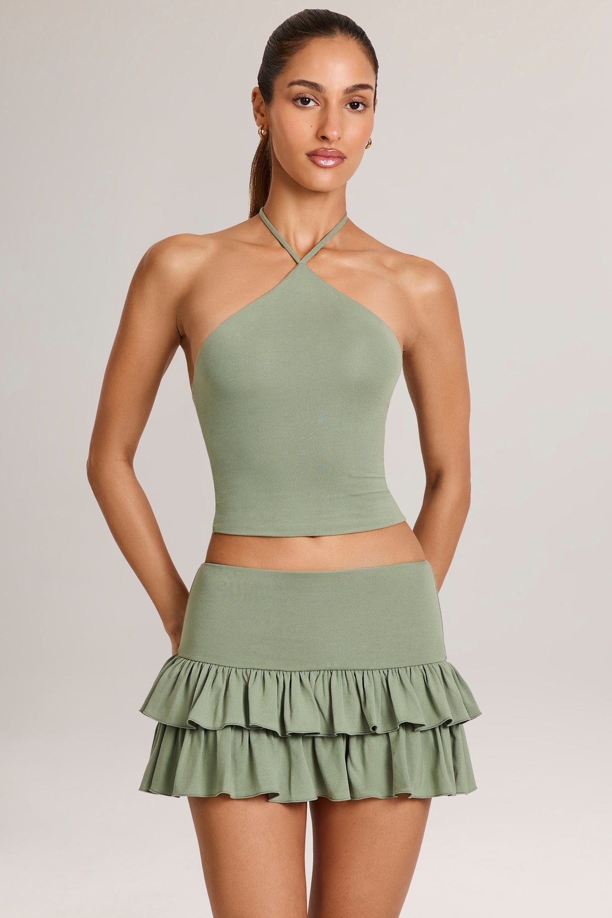 Modal Ruffle Mid-Rise Mini Skort in Sage Green - 4