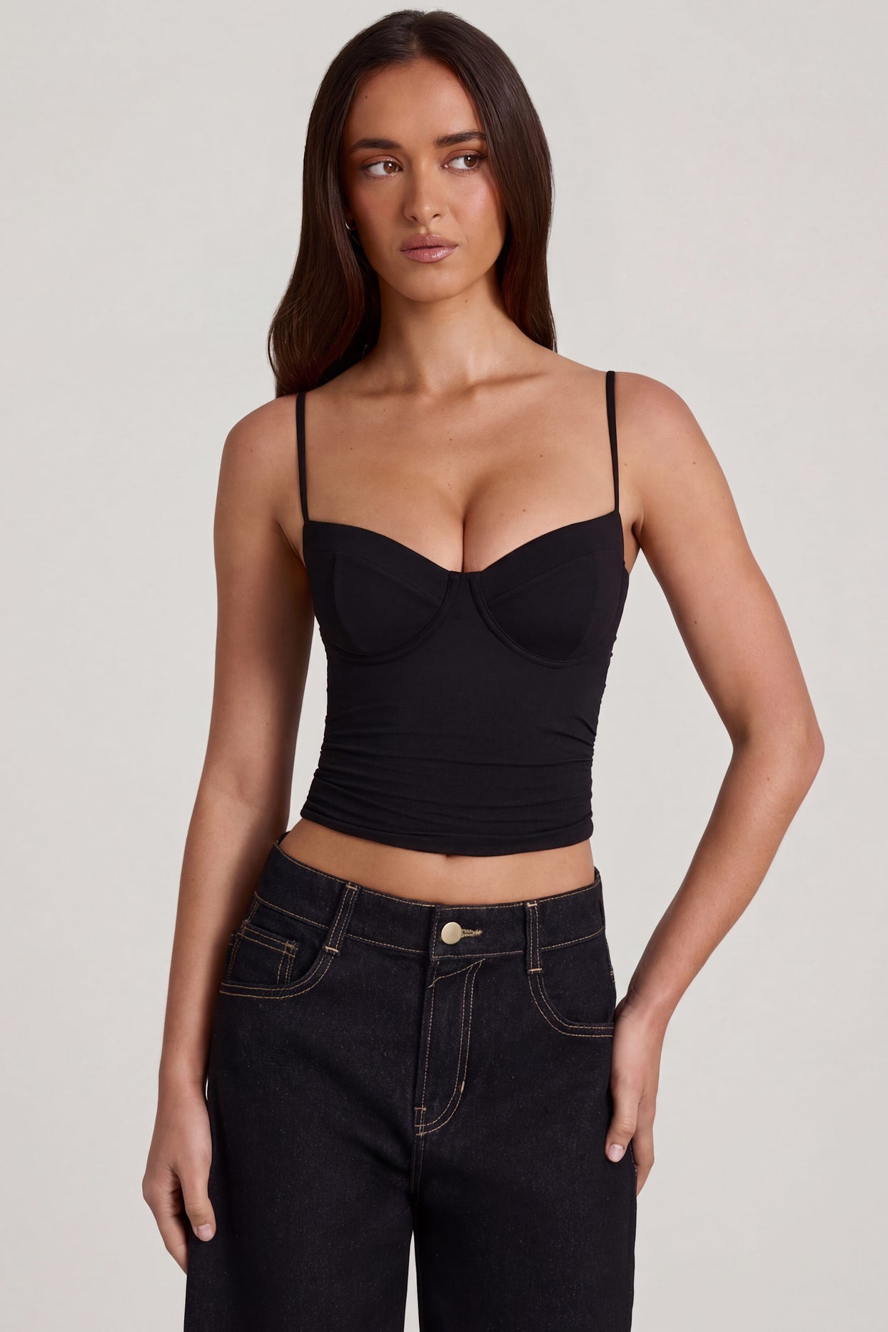 Modal Underwired Camisole Ruched Top in Black - 5